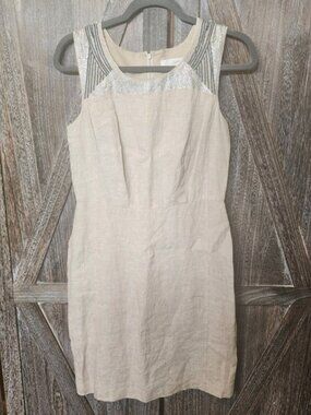 Ann Taylor Loft Dress Women's Size 4‎ Beige 100% Linen Beaded Sequins Sleeveless